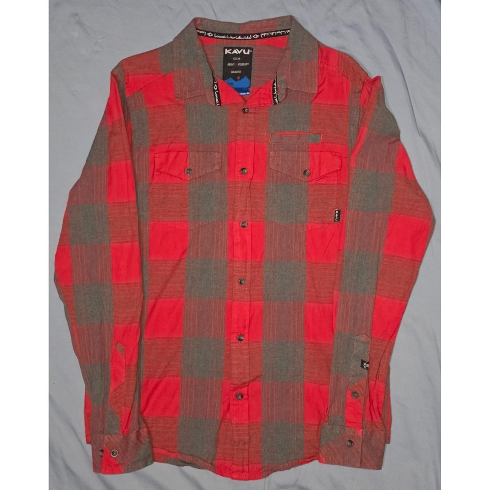 Kavu Plaid Flannel Shirt Mens Sz Medium Button Down Red Long Sleeve Hiking